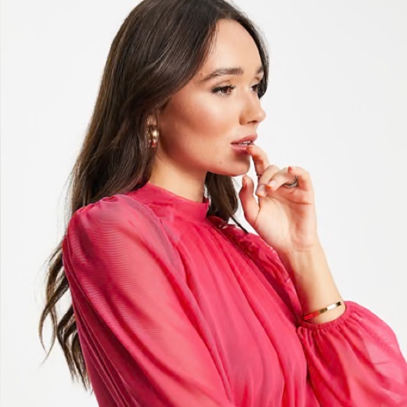 💄💋 Lipstick Pink Retro Midi Dress, Sexy Sheer Sleeves and Back, Size 6, ASOS - Picture 3 of 9